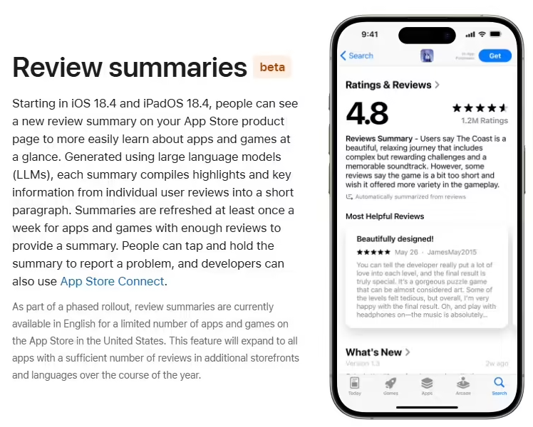 蘋(píng)果 iOS 18.4 Beta 測(cè)試版為 App Store 引入 AI 評(píng)論摘要功能，年內(nèi)擴(kuò)展至更多語(yǔ)言及地區(qū)