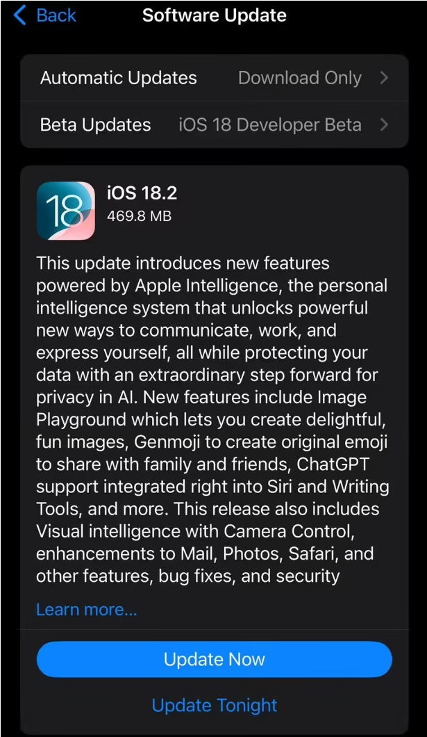 苹果 iOS / iPadOS 18.2 RC 2 发布：改进 Find My 等，扩展 Apple Intelligence 功能